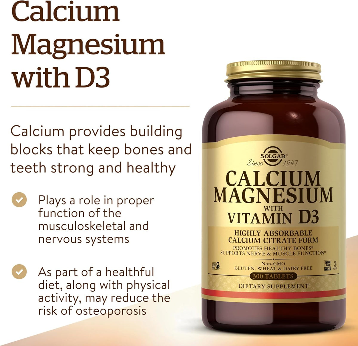 Solgar Calcium Magnesium with Vitamin D3, 300 Tablets - Promotes Healthy Bones, Supports Nerve &amp; Muscle Function - Highly Absorbable Form - Non-GMO and Gluten Free - 60 Servings