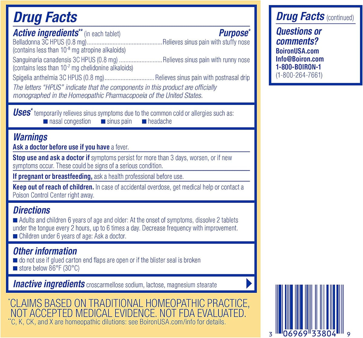 Boiron SinusCalm Tablets for Sinus Pain Relief, Runny Nose, Congestion, Sinus Pressure, Headache - 60 Count