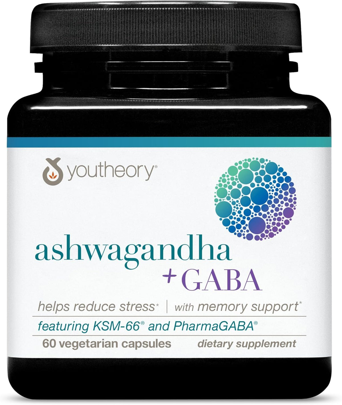 Youtheory Ashwagandha + GABA - Uses KSM-66-1,000 mg Ashwagandha &amp; 100 mg GABA - Cortisol, Stress &amp; Memory Support Supplement - 60 Vegetarian Capsules