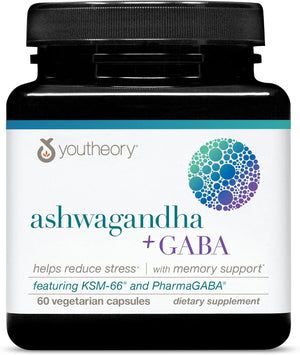 Youtheory Ashwagandha + GABA - Uses KSM-66-1,000 mg Ashwagandha & 100 mg GABA - Cortisol, Stress & Memory Support Supplement - 60 Vegetarian Capsules