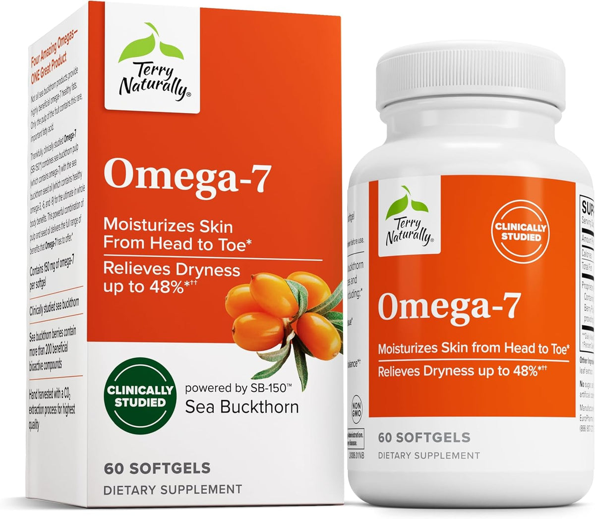Terry Naturally Omega-7 - Dietary Supplement with Essential Fatty Acids - Nutritional Supplement to Support Skin Health with Sea Buckthorn, Berry Pulp &amp; Seed Oil - 60 Softgels