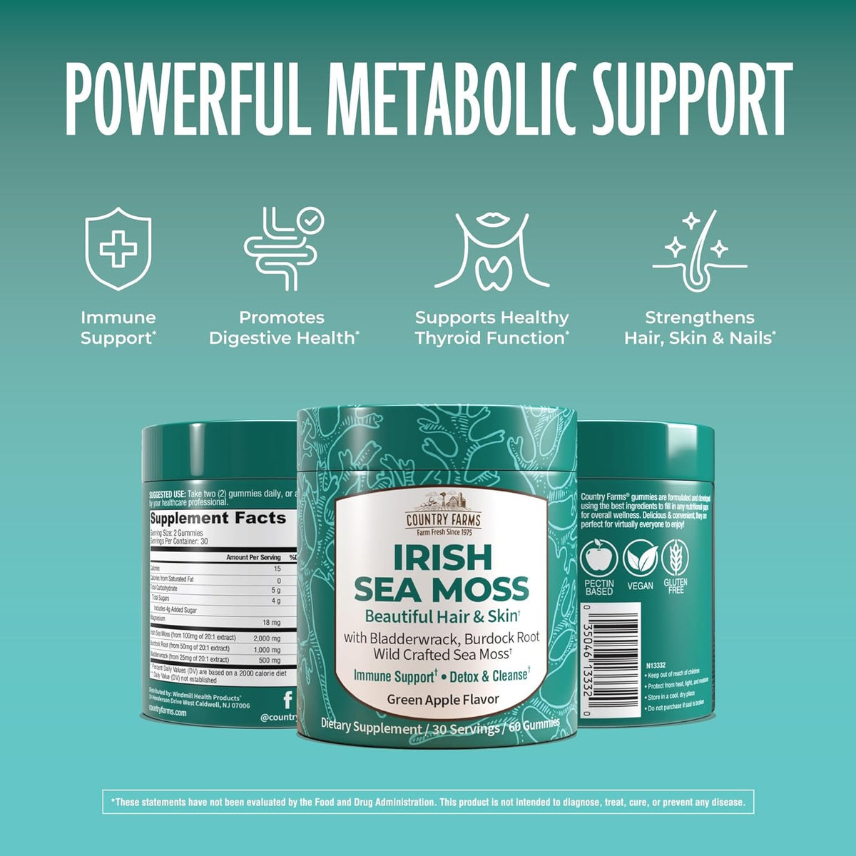 COUNTRY FARMS Irish Sea Moss Gummies, 2000mg Irish Moss, Burdock Root, Bladderwrack for Immune Support, Promotes Digestive Health, Skin and Hair Support, Pectin Based, Vegan, Gluten Free, Green Apple