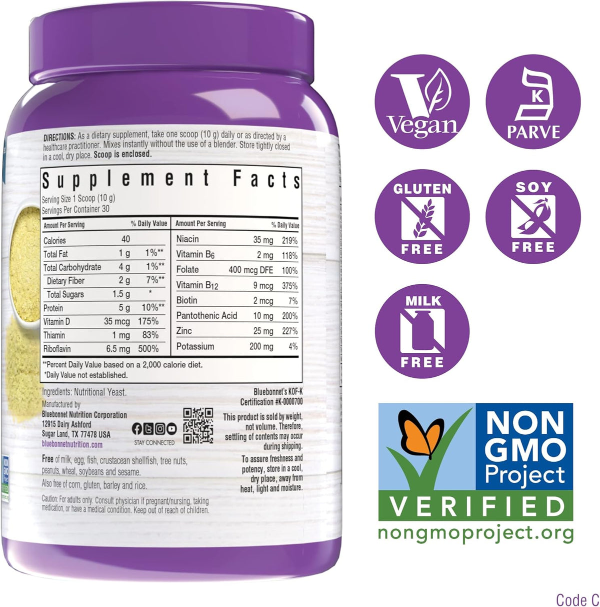 BlueBonnet Nutrition Non-Bitter Nutritional Yeast Flakes - Plant-Sourced Protein, B Vitamins &amp; Vitamin D - Non-GMO, Vegan, Kosher, Gluten-Free, Soy-Free - 10.58 oz, 30 Servings