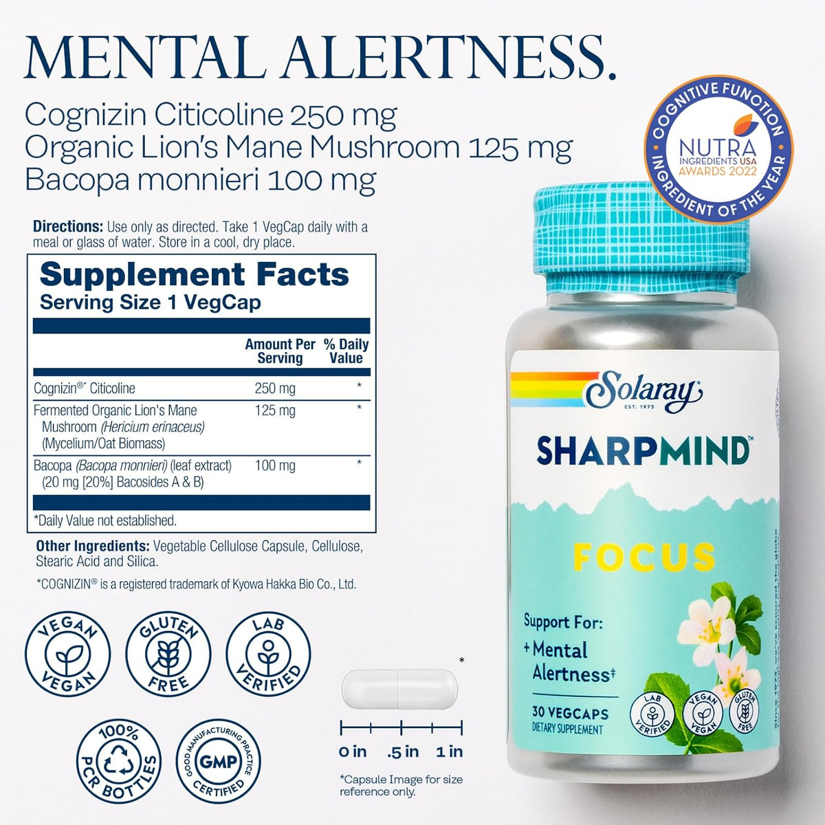 SOLARAY SharpMind Focus, Mental Alertness Nootropic Supplement, Memory Support, Each Capsule with Cognizin Citicoline, Vegan, 60 Day Money Guarantee, 30 Serv 30 Vegetarian Capsules Pills
