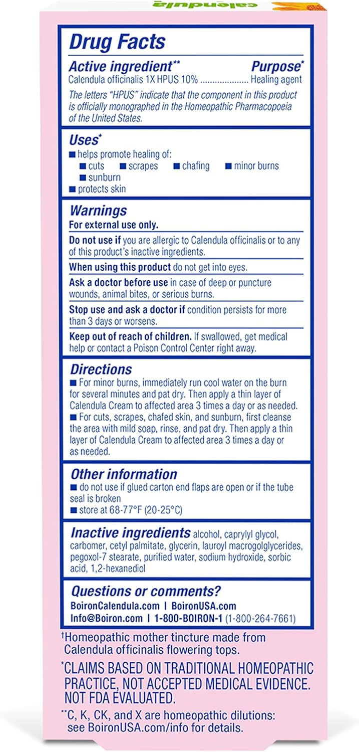 Boiron Calendula Cream for First Aid, Minor Burns, Cuts, Scrapes, Insect Bits and Sunburn - 2.5 oz