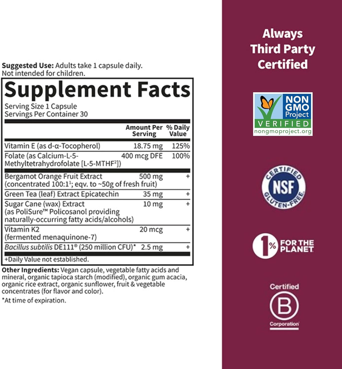 Garden of Life Herbals Heart Health Supplement with Folate, Bergamot, Green Tea &amp; Vitamin E &amp; K for Cholesterol, Circulatory &amp; Blood Pressure Support, Non-GMO, Gluten-Free, Citrus Flavor, 30 Servings