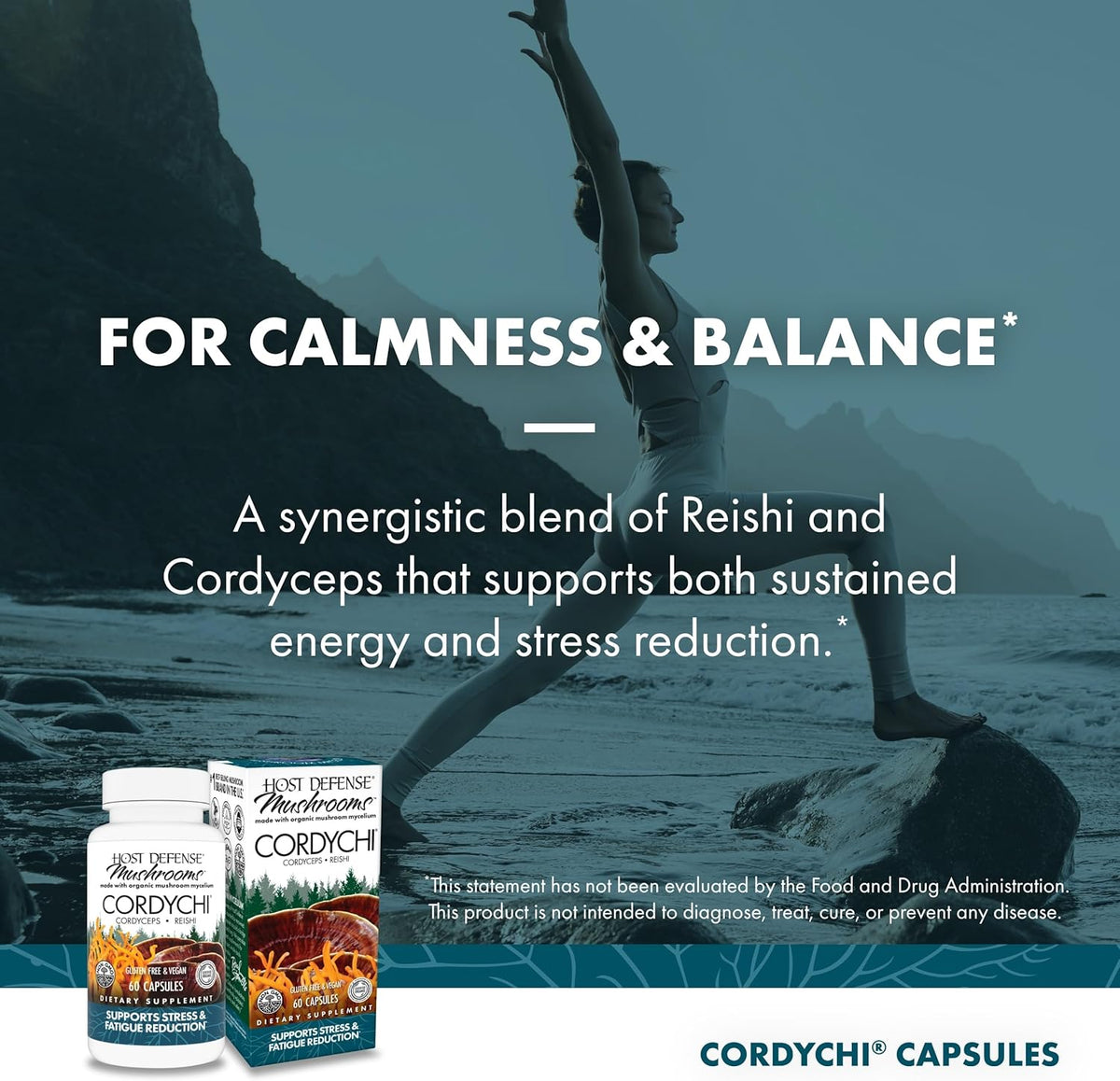 Host Defense CordyChi Capsules - Energy & Immune Support Supplement - Cordyceps & Reishi Mushroom Supplement for Relaxation & Respiratory Support - Aids Against Tiredness - 60 Capsules (30 Servings)