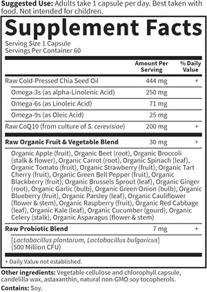 Garden of Life CoQ10 200mg, Vegetarian Omega 3 6 9 Supplement Raw Co Q 10 Chia Seed Oil, Whole Food Nutrition with Antioxidant Support, Coenzyme q10 Supplement for Heart Health, 60 Capsules