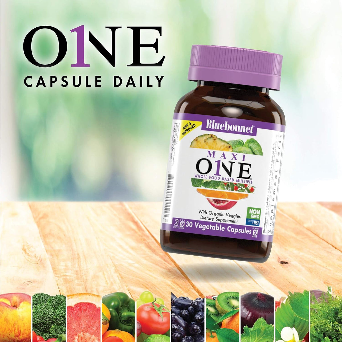 Bluebonnet Nutrition Maxi One (with Iron), Whole Food Multiple, Enzymes, Energy, Vitality, Gluten-Free, Kosher, Dairy-Free, Vegetarian Friendly, Soy-Free, Non-GMO, 90 Vegetable Capsule, 3 Month Supply, Beige