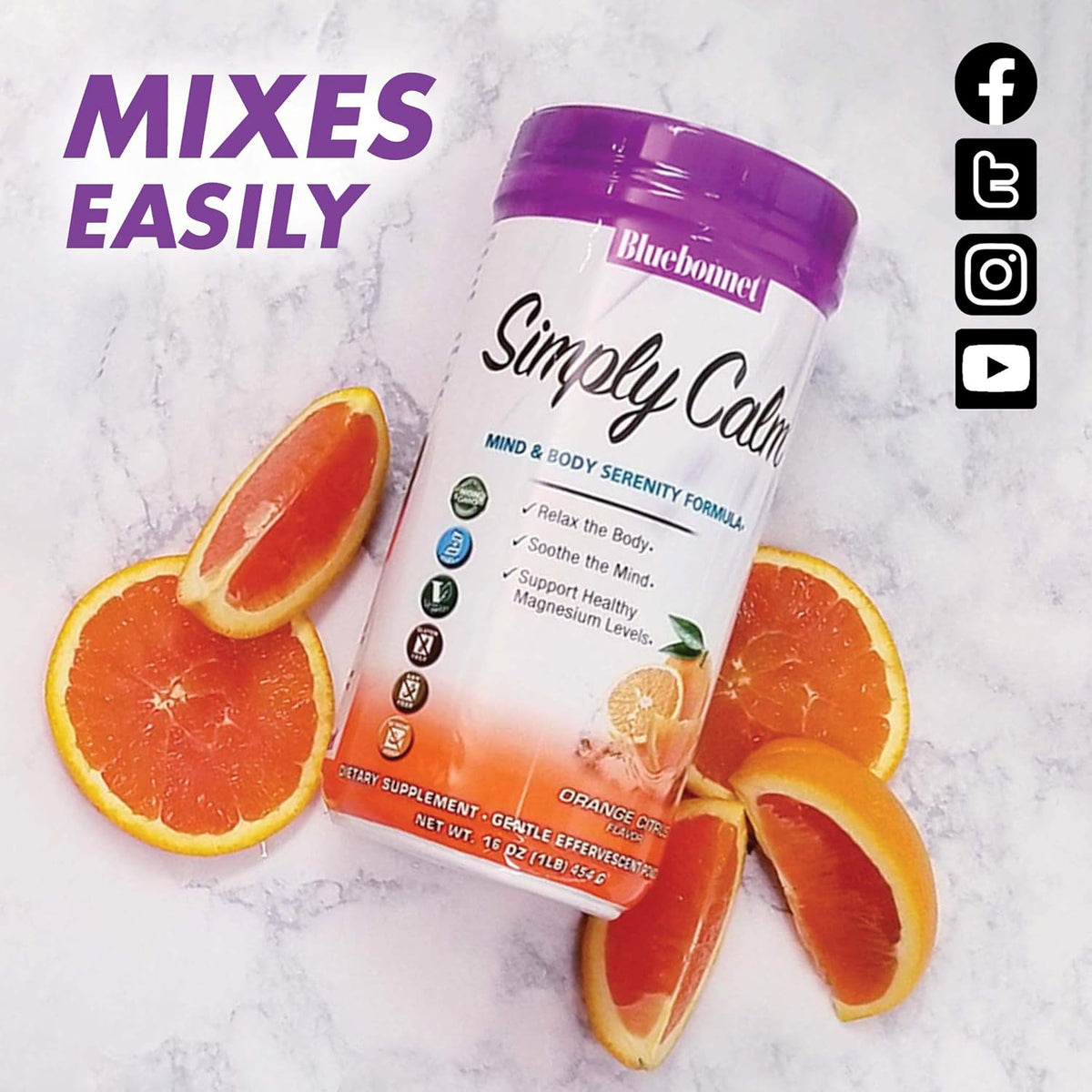 Bluebonnet Nutrition Simply Calm Powder, For Calm*, Muscle Cramps*, Stress Relief*, Soy-Free, Gluten-Free, Non-GMO, Kosher Certified, Dairy-Free, Vegan, 16 oz, 82 Servings, Orange Citrus Flavor