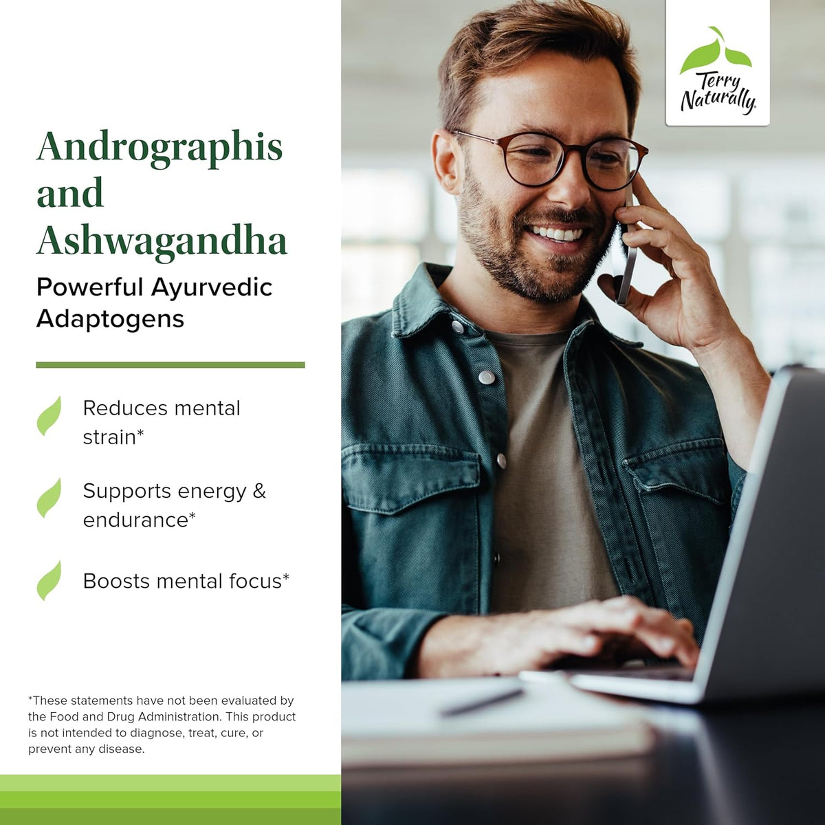 Terry Naturally Andrographis and Ashwagandha - Immune System Support Supplement - Support Energy &amp; Healthy Stress Response - Energy Support Supplement - 60 Capsules