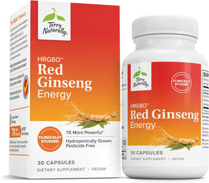 Terry Naturally HRG80 Red Ginseng Energy - Supplement to Support Healthy Energy & Focus - Herbal Supplement with Korean Red Ginseng Root Powder - Vegan Tablets to Aid Healthy Endurance - 30 Capsules