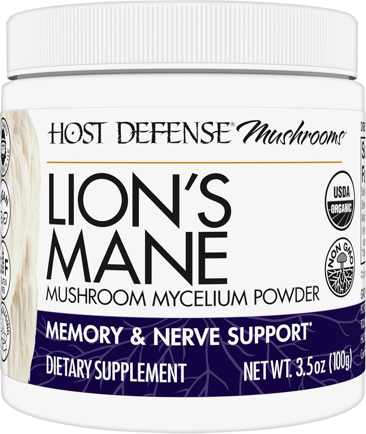 Host Defense Lion&#39;s Mane Powder - Brain Health Support Supplement - Mushroom Supplement to Support Focus &amp; Memory Function - Immune &amp; Nervous System Support Supplement - 3.5 oz (66 Servings)