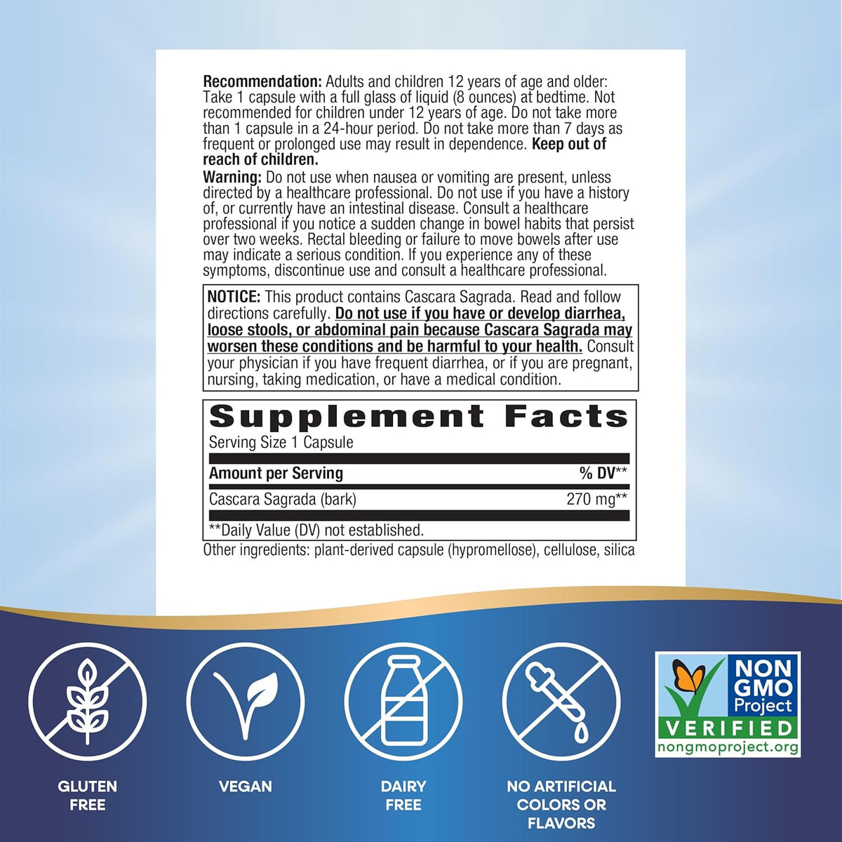 Nature’s Way Cascara Sagrada Bark, Occasional Constipation Relief*, Supports Regularity*, Non-GMO Project Verified, 270 mg per Serving, 180 Capsules