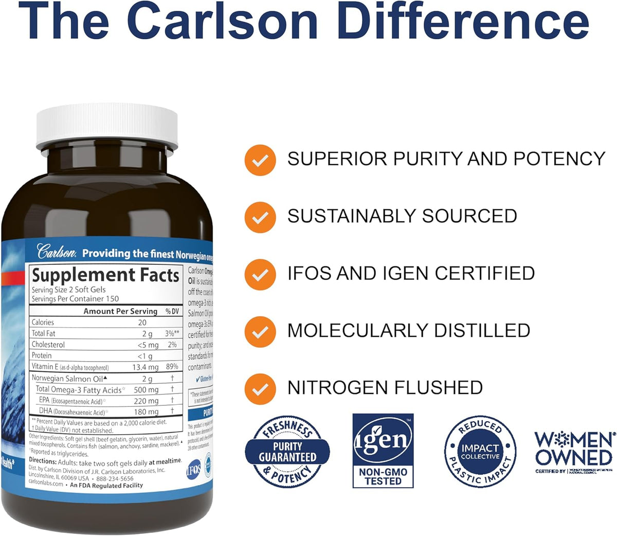 Carlson - Salmon Oil, 500 mg Omega-3s, Norwegian, Heart, Brain &amp; Joint Health, 300 Softgels