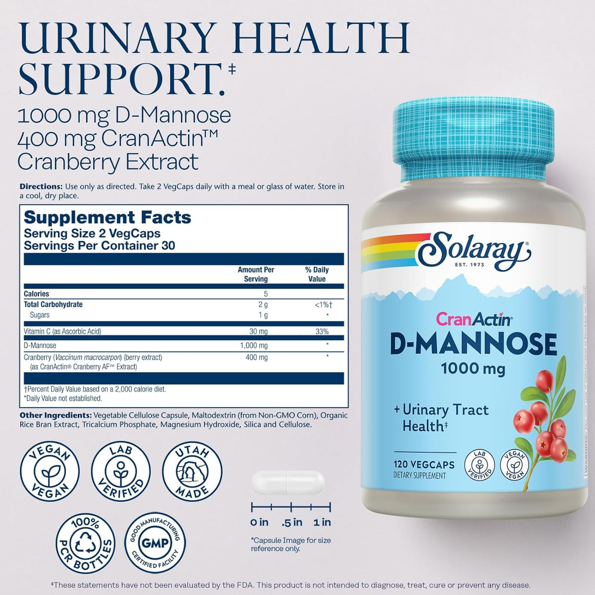 SOLARAY D-Mannose 1000mg with CranActin Cranberry Extract - D Mannose and Cranberry Supplement with Vitamin C - Supports Urinary Tract Health - Vegan, 60-Day Guarantee, 60 Serv, 120 VegCaps