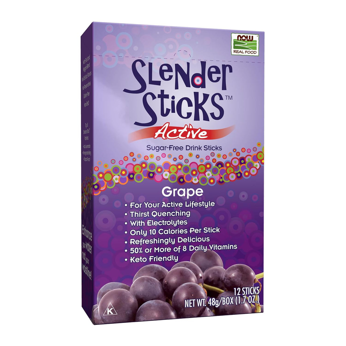 NOW Foods, Slender Sticks, Grape Flavor, Sugar-Free Drink Sticks with Electrolytes for Your Active Lifestyle, 10 Calories/Stick, 12/Box
