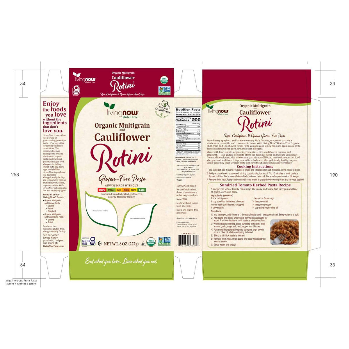 NOW, Living Natural Foods, Organic Multigrain and Cauliflower Rotini Gluten Free Pasta, Made Without Dairy, Wheat, Soy, Nuts, Corn or Eggs, 8 oz