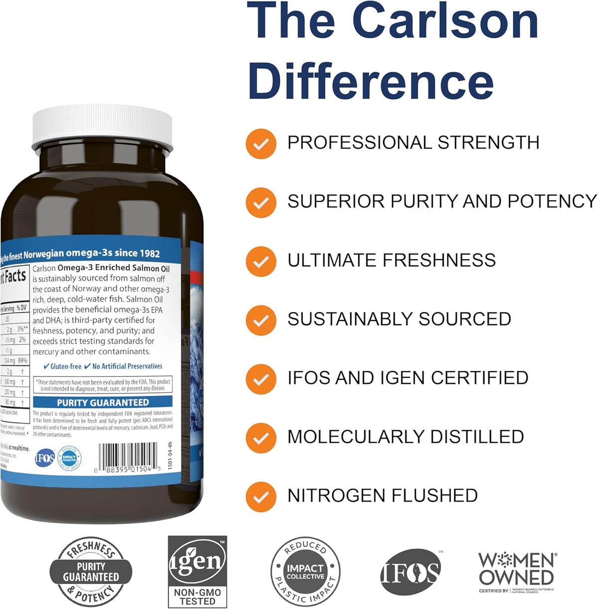 Carlson - Norwegian Salmon Oil, 500 mg Omega-3s, Norwegian Salmon Oil Supplement, Wild Caught Omega 3 Salmon Oil Capsules, Sustainably Sourced, Brain, Heart &amp; Joint Health, 180+50 Softgels