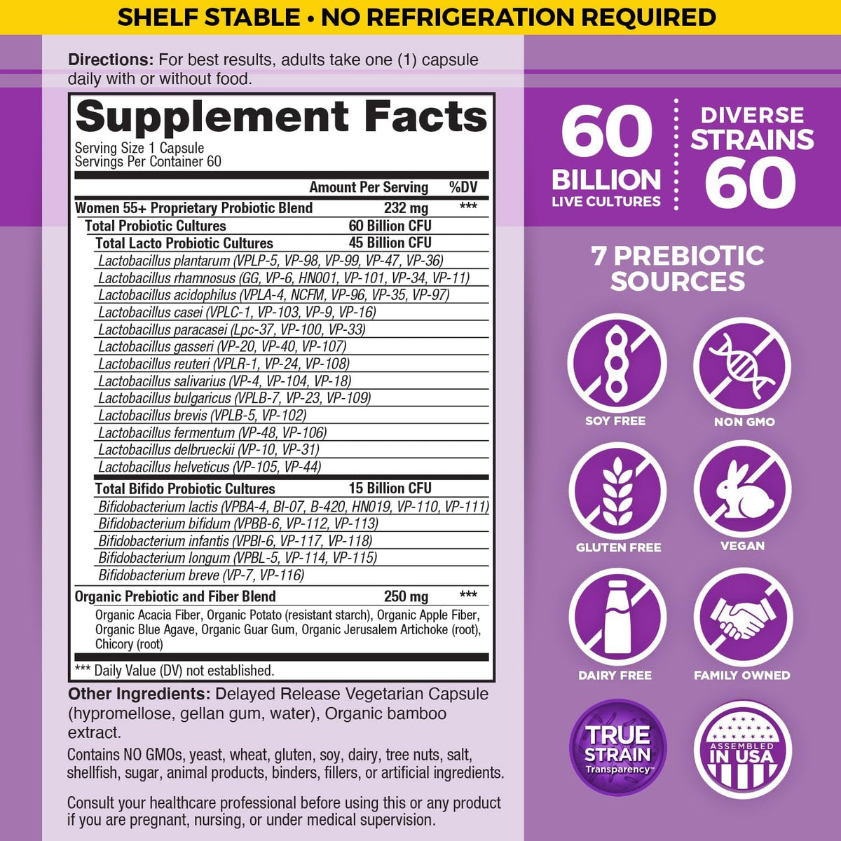 Vital Planet - Vital Flora Probiotics for Women Over 55 Daily Shelf Stable Probiotic 60 Billion CFU, 60 Diverse Strains, 7 Organic Prebiotics, Immune Support and Digestive Health 60 Capsules