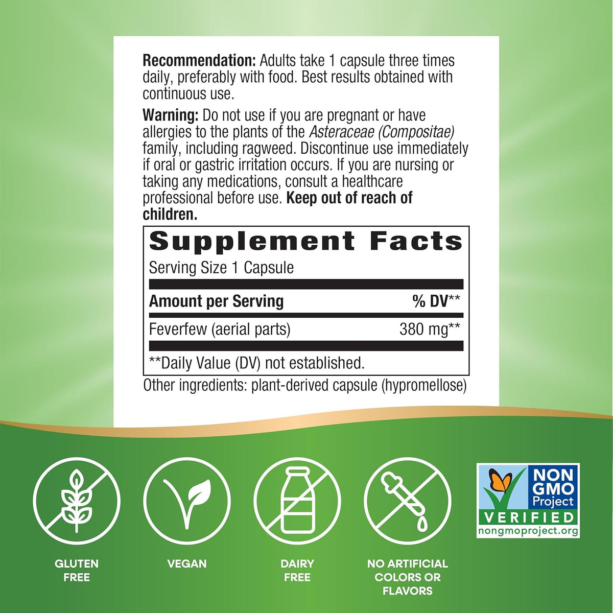 Nature's Way Feverfew Herb, Traditional Support for Blood Vessel Relaxation*, 380 mg per Serving, Non-GMO Project Verified, 100 Vegan Capsules