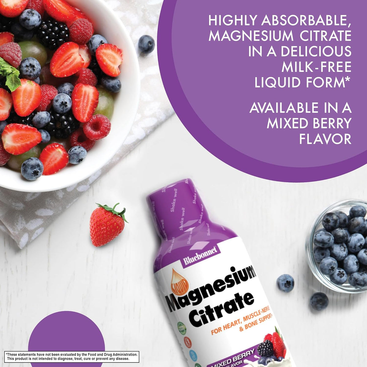 Bluebonnet Nutrition Magnesium Citrate 420 mg - Calm Mind &amp; Body* – Supports Heart, Muscle &amp; Sleep* - Non-GMO, Vegan, Kosher, Gluten-Free, Soy-Free, Milk-Free - 16 FL OZ, Mixed Berry Flavor
