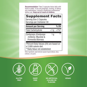 Nature's Way Cordyceps Premium Herbal - 1,000 mg Per 2-Capsule Serving - Traditional Support for Vitality & Endurance* - Mushroom Supplement - Gluten Free - 60 Vegan Capsules