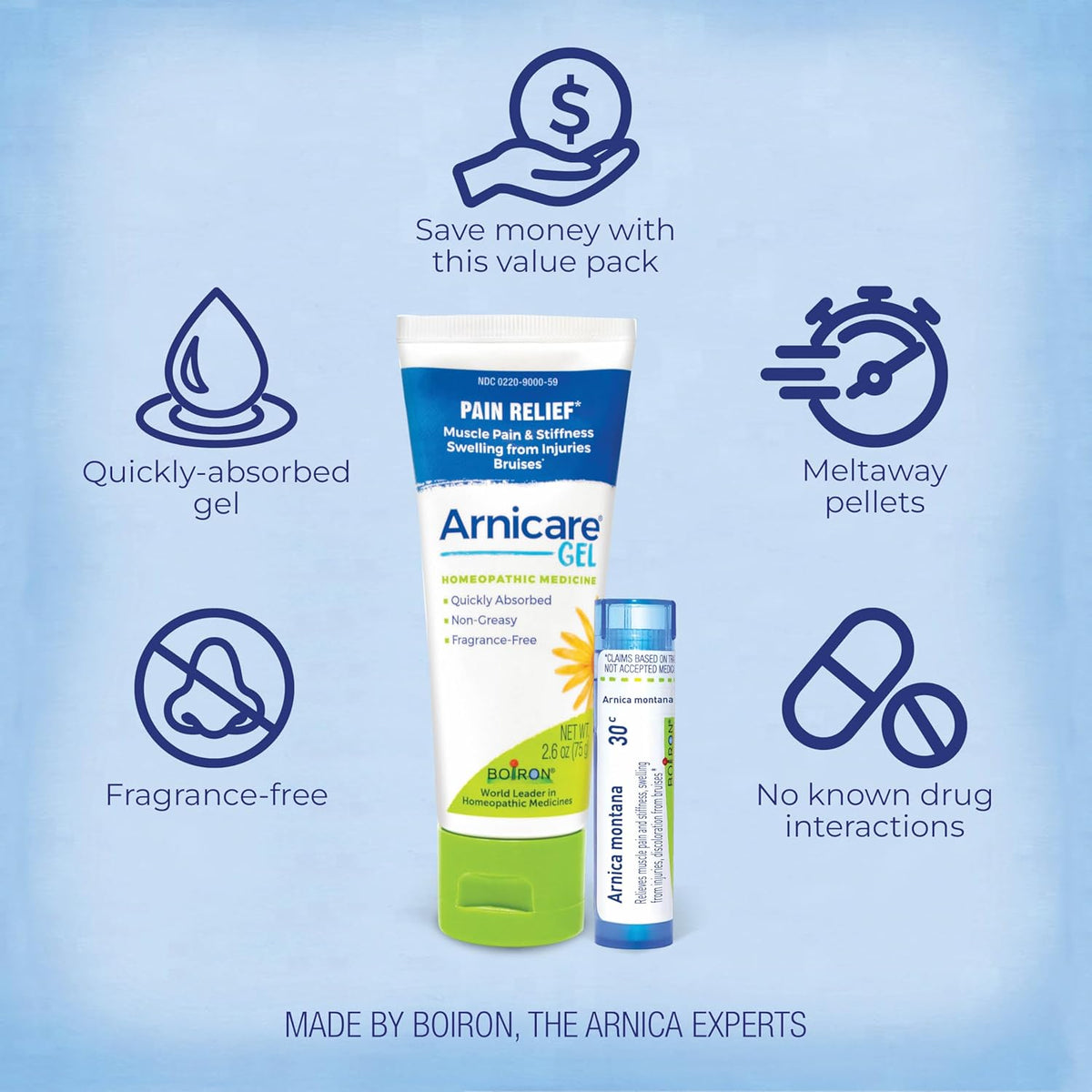 Boiron Arnicare Gel and Arnica 30c Value Pack for Pain Relief, Muscle Soreness, and Swelling from Bruising or Injury - 2.6 oz + 80 Pellet Tube