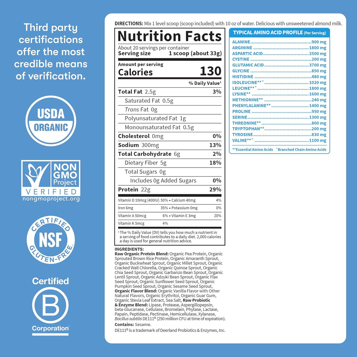 Garden of Life Protein Powder, Vegan Protein Powder, BCAA, Probiotics & Digestive Enzymes, Gluten & Lactose Free, Vanilla, 1.5 LB