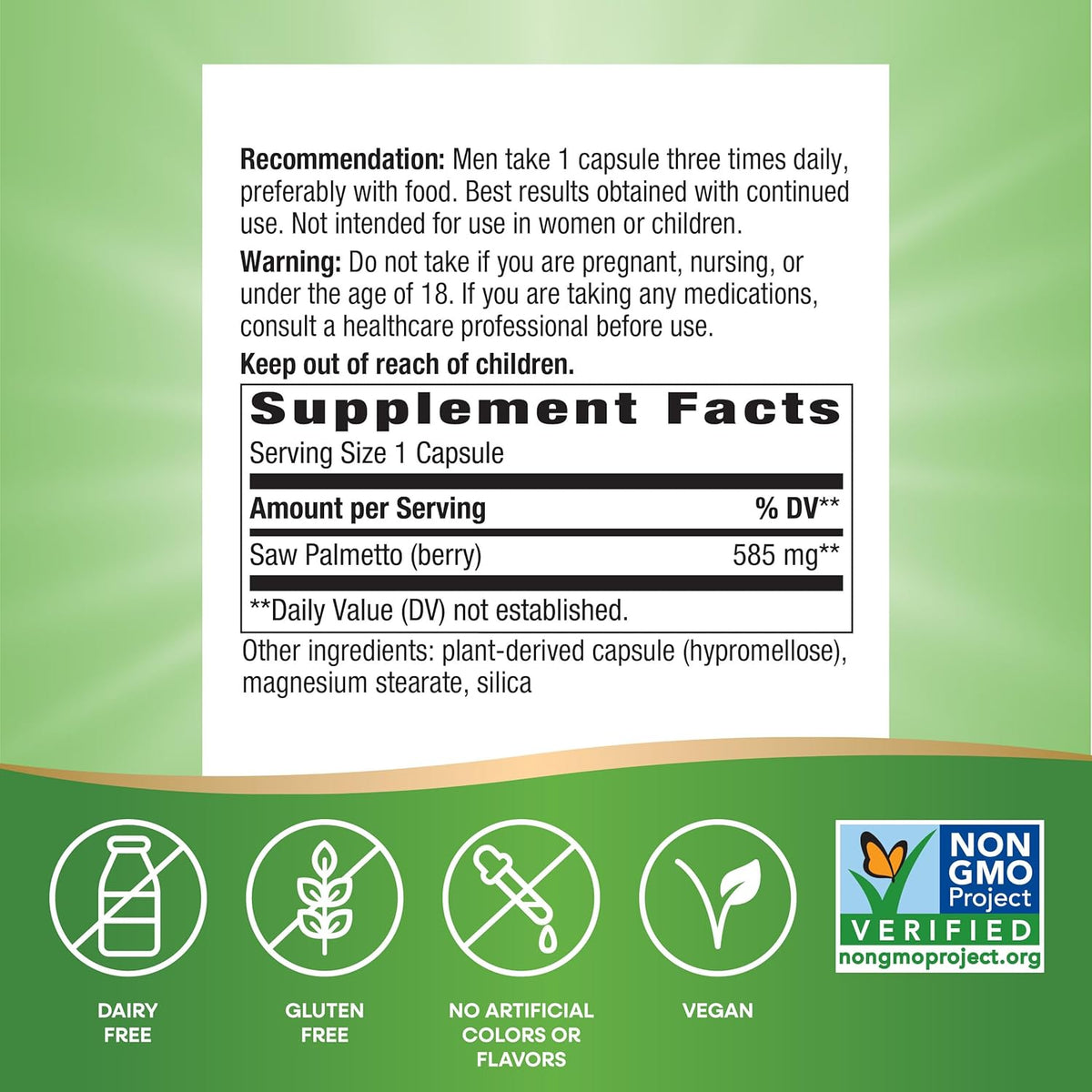 Nature&#39;s Way Saw Palmetto Berries, Traditional Prostate Support*, 585 mg per Serving, Non-GMO Project Verified, Vegan, 180 Capsules