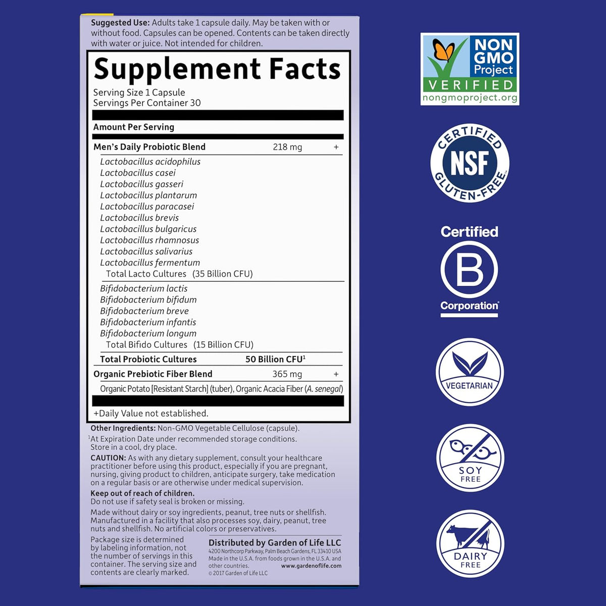 Garden of Life Probiotics for Men Dr Formulated 50 Billion CFU 15 Probiotics for Digestive Health + Organic Prebiotic Fiber for Colon &amp; Immune Support, Daily Gas Relief, Shelf Stable, 30 Capsules