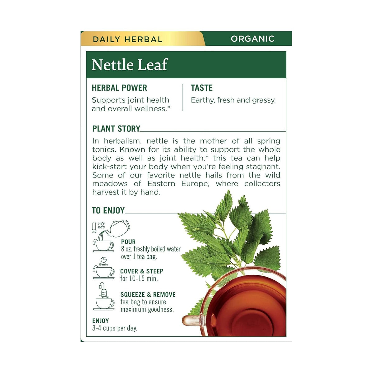 Traditional Medicinals Organic Nettle Leaf Herbal Tea, Supports Joint Health &amp; Overall Wellness- 16 Tea Bags