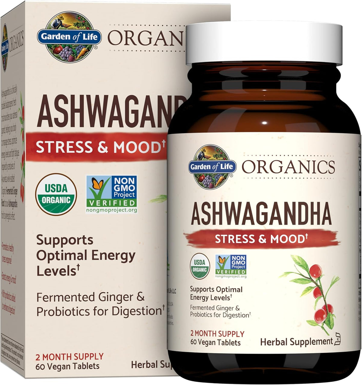 Garden of Life Organic Ashwagandha Supplement with Probiotics &amp; Ginger - Stress, Mood &amp; Energy Support, Vegan, Gluten Free, Non GMO, 2 Month Supply, 60 Tablets