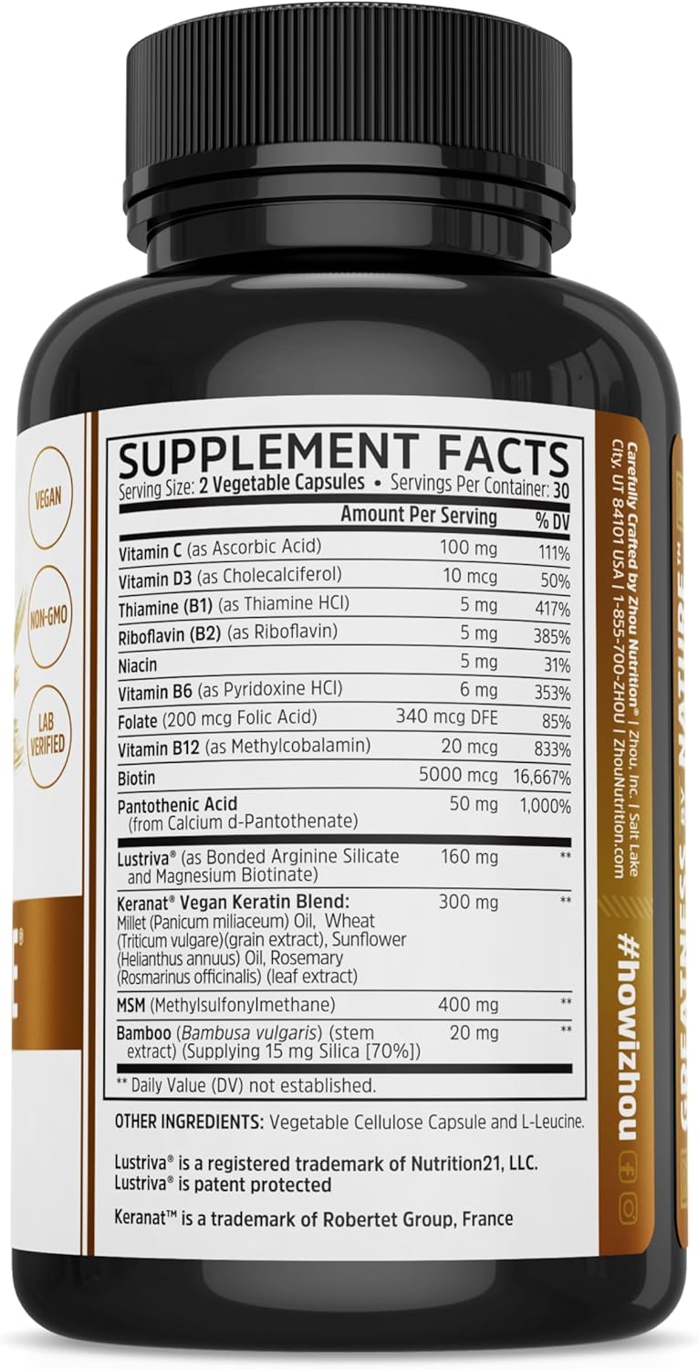 ZHOU Hairfluence, Hair Growth Supplement with Clinically Studied Lustriva and Keranat and Hair Vitamins Biotin 5000mcg, Vitamin D, A, C &amp; B12, Non-GMO, Gluten Free, 60 VegCaps