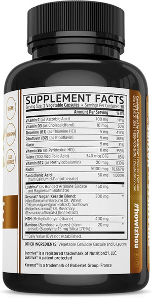 ZHOU Hairfluence, Hair Growth Supplement with Clinically Studied Lustriva and Keranat and Hair Vitamins Biotin 5000mcg, Vitamin D, A, C & B12, Non-GMO, Gluten Free, 60 VegCaps