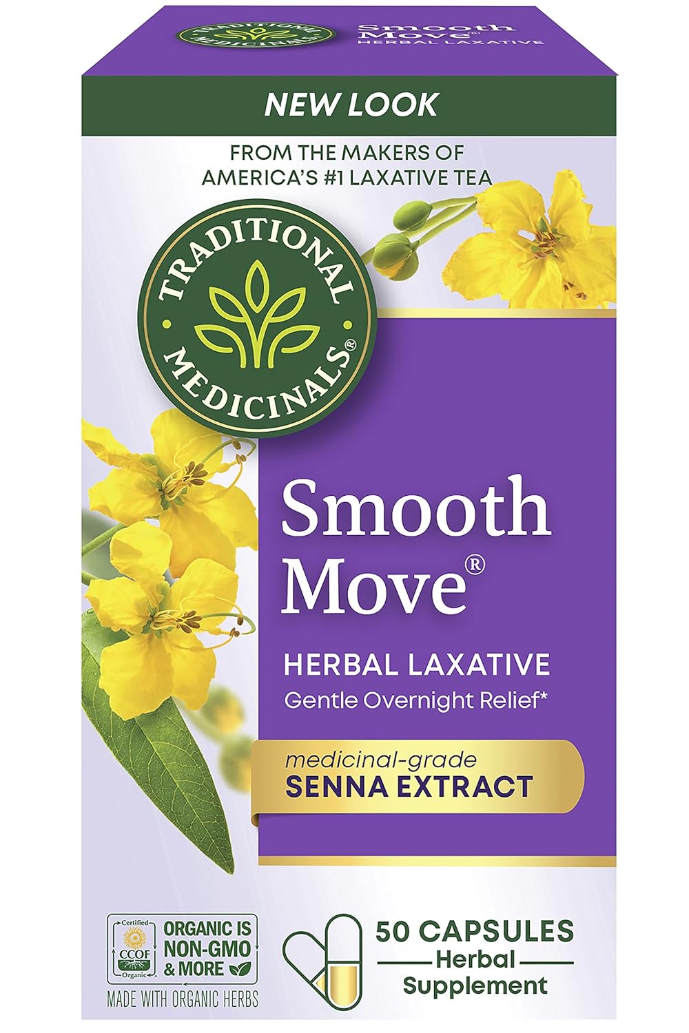 Traditional Medicinals - Smooth Move Laxative Capsules - Contains Organic Senna - Natural Herbal Constipation Relief - 50 Capsules