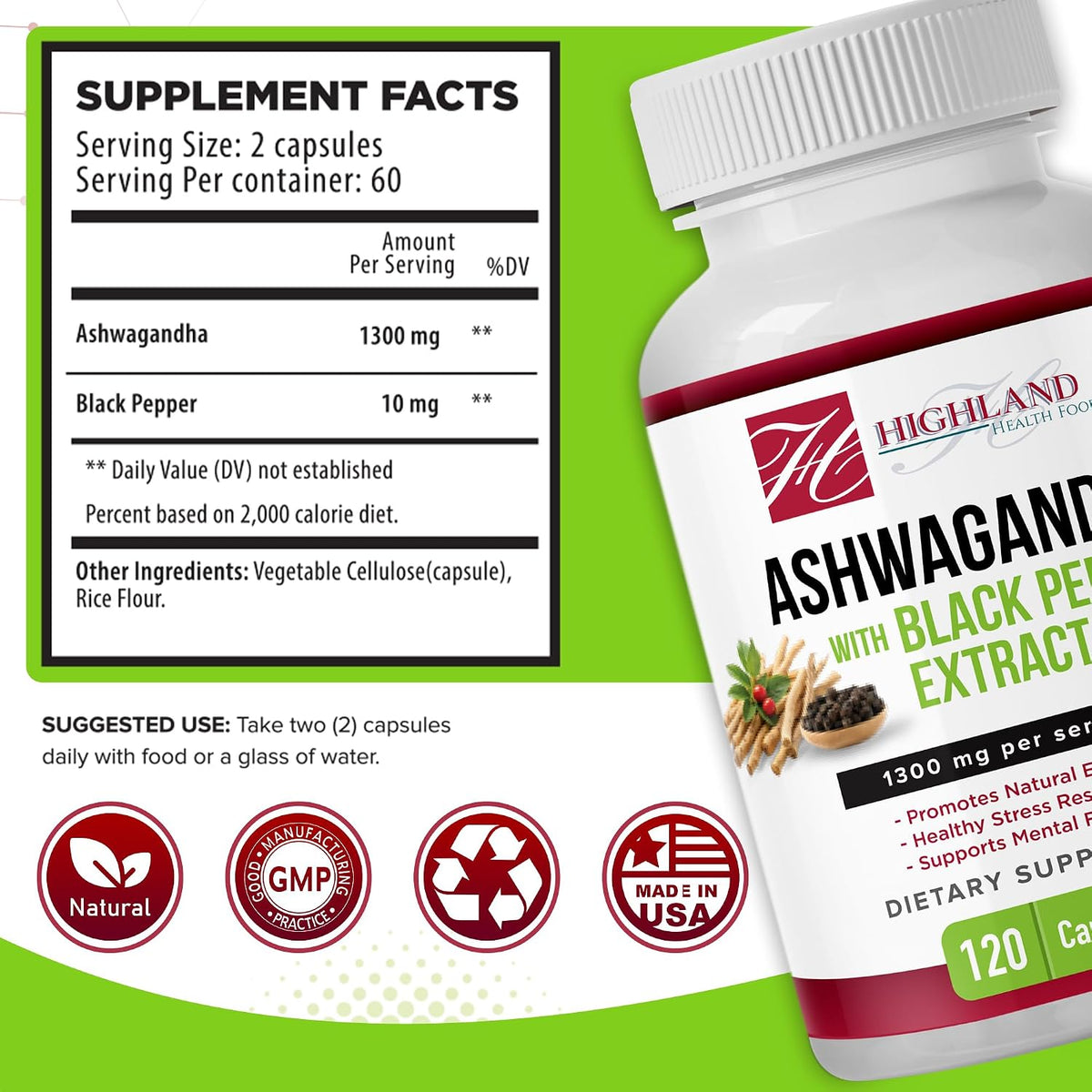 Highland Health - Ashwagandha 1300 mg with Black Pepper - 120 Capsules