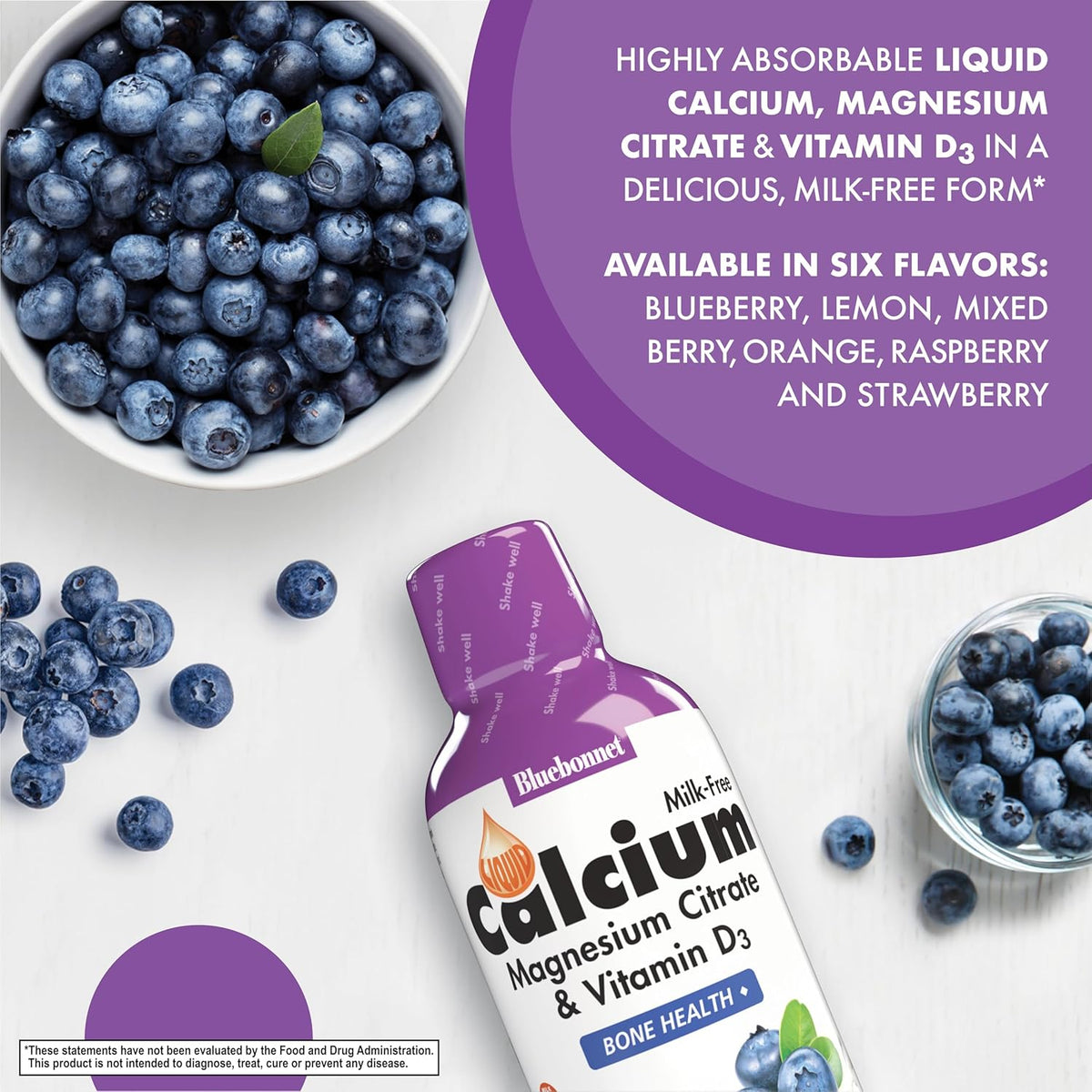 Bluebonnet Nutrition Liquid Calcium Citrate Magnesium Citrate, Vitamin D3, Bone Health, Gluten Free, Soy free, milk free, kosher,32 Servings, Blueberry Flavor, 16 Fl Oz