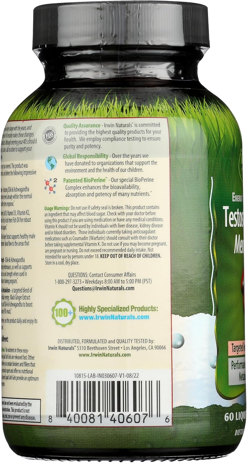 Irwin Naturals Energy &amp; Endurance Testosterone UP Men Over 40 60 Liquid Softgel