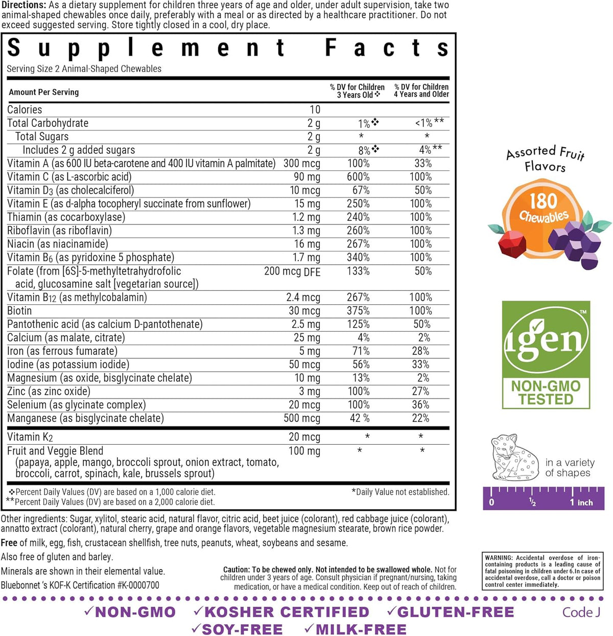 Bluebonnet Nutrition Rainforest Animalz Whole Food Based Multiple Chewable Tablet, Kids Multivitamin &amp; Mineral, Vitamin C, D3, Iron, Gluten Free, Milk Free, Kosher, 180 Chewable Tablets, Mixed Flavor