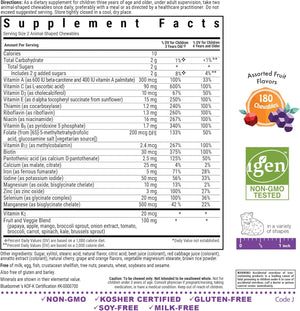 Bluebonnet Nutrition Rainforest Animalz Whole Food Based Multiple Chewable Tablet, Kids Multivitamin & Mineral, Vitamin C, D3, Iron, Gluten Free, Milk Free, Kosher, 180 Chewable Tablets, Mixed Flavor