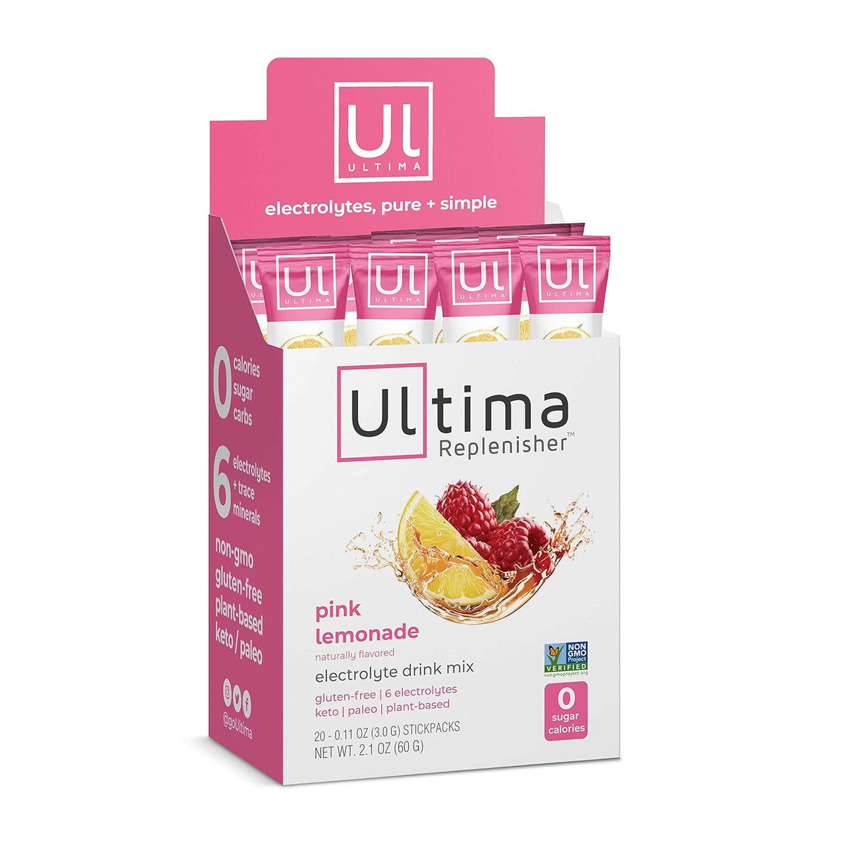 Ultima Replenisher Electrolyte Hydration Drink Mix, Pink Lemonade - Sugar Free, 0 Calories, 0 Carbs - Gluten-Free, Keto, Non-GMO, Vegan