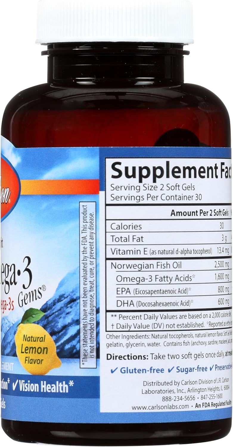 Carlson Labs Elite Omega-3 Gems Fish Oil 1250mg, 60 Softgels