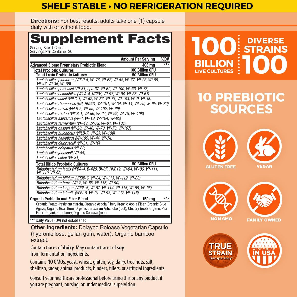 Vital Planet - Vital Flora Advanced Probiotic 100 Billion CFU, 100 Diverse Strains, 10 Organic Prebiotics, Immune Support, Digestive Health Shelf Stable Probiotics for Women and Men 30 Capsules