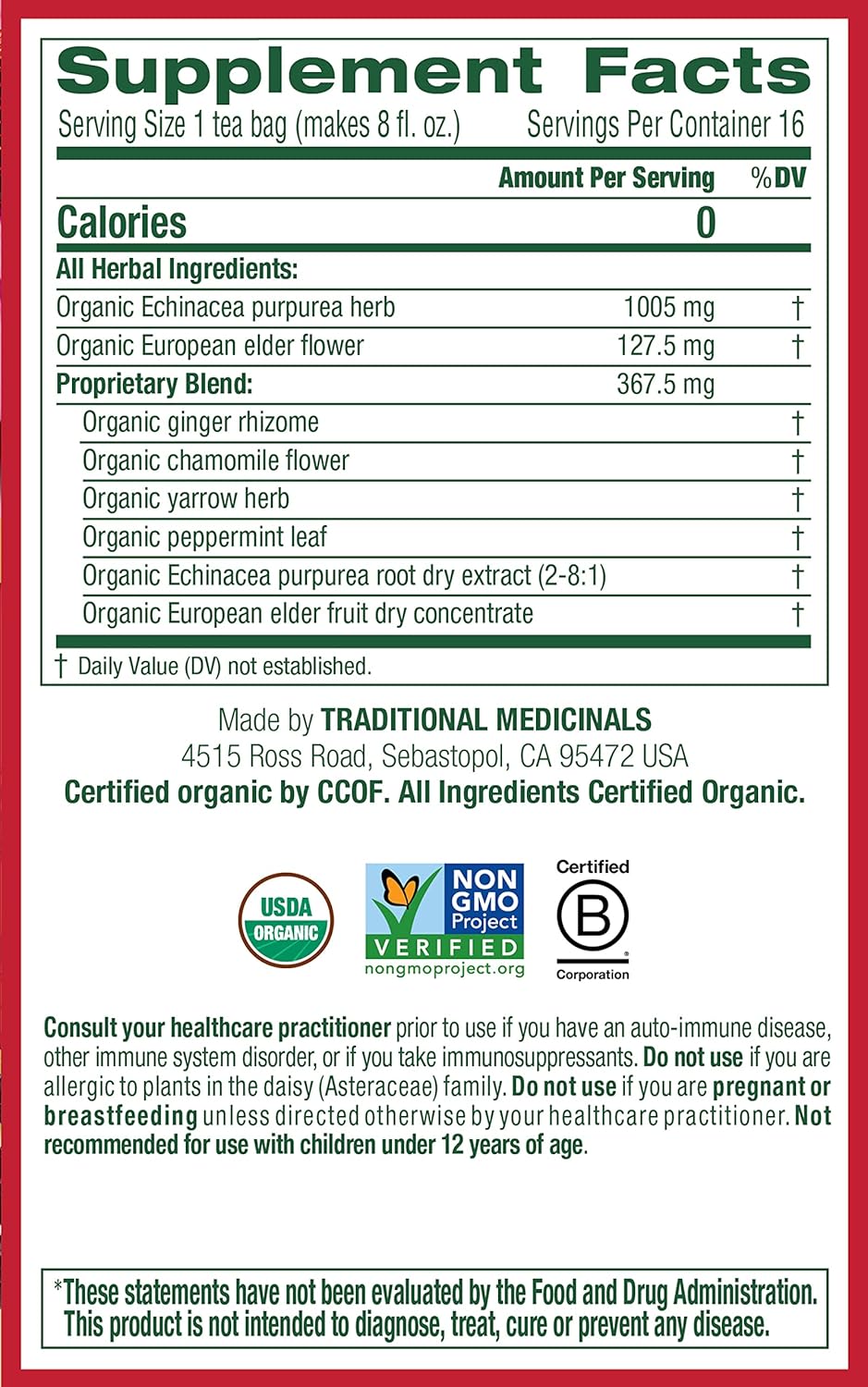 Traditional Medicinals Organic Echinacea Plus Elderberry Herbal Tea, Promotes Immune Function, (Pack of 1) - 16 Tea Bags