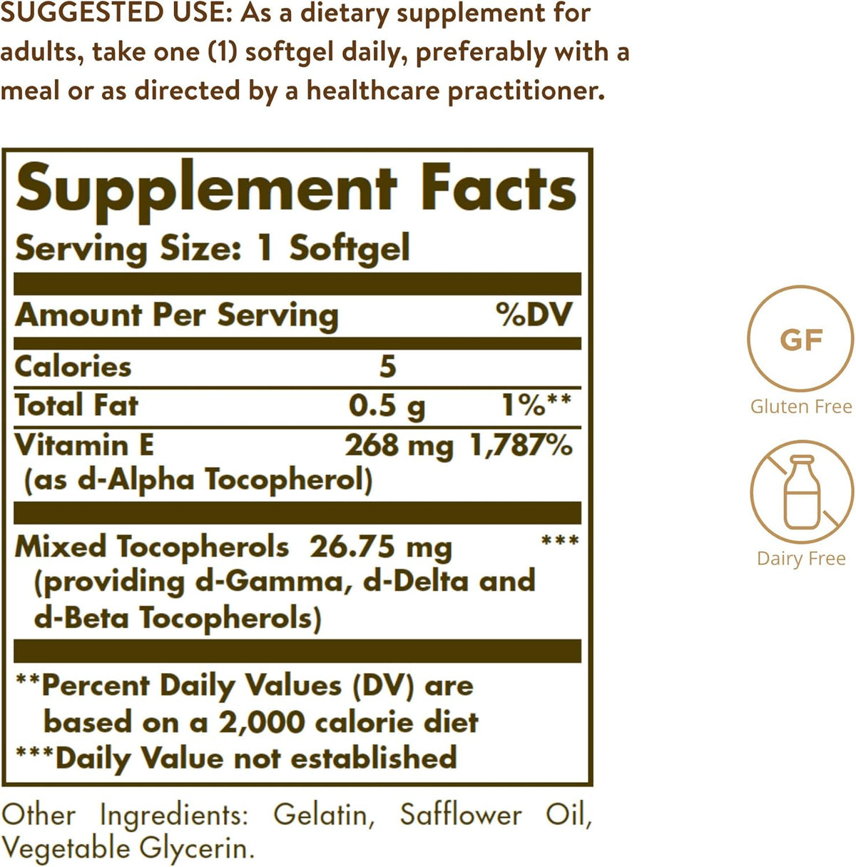 Solgar Vitamin E 268 MG (400 IU) (d-Alpha Tocopherol &amp; Mixed Tocopherols), 100 Softgels - Supports Immune System &amp; Skin Nutrition - Natural Antioxidant - Gluten Free, Dairy Free - 100 Servings
