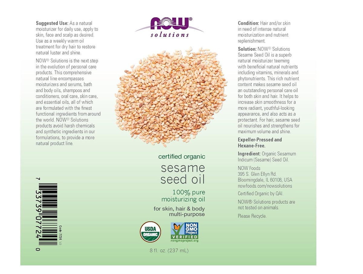 NOW Foods Solutions, Organic Sesame Seed Oil, 100% Pure Moisturizing Oil for Skin and Hair, with Vitamins, Minerals and Phytonutrients, 8-Ounce