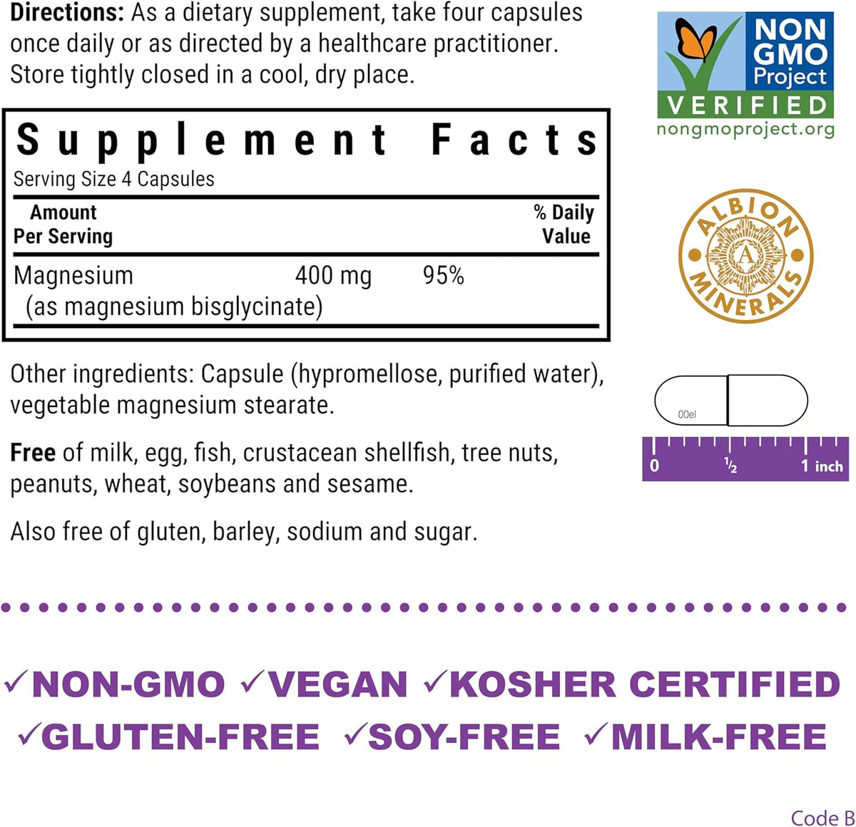 Bluebonnet Nutrition Magnesium Glycinate 400mg Maximum Absorption Mineral Complex Supports Energy Production &amp; Enzyme Function - Non-GMO, Soy-Free, Gluten-Free - 120 Veggie Capsules
