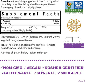 Bluebonnet Nutrition Magnesium Glycinate 400mg Maximum Absorption Mineral Complex Supports Energy Production & Enzyme Function - Non-GMO, Soy-Free, Gluten-Free - 120 Veggie Capsules