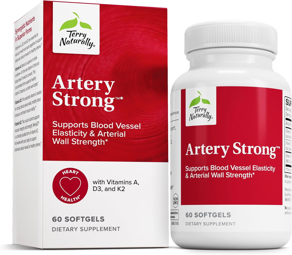 Terry Naturally Artery Strong - Cardio Health &amp; Vascular Elasticity and Strength Support - Cardiovascular Support Supplement with Vitamins A &amp; D3 - Aids Blood Vessel Elasticity - 60 Softgels